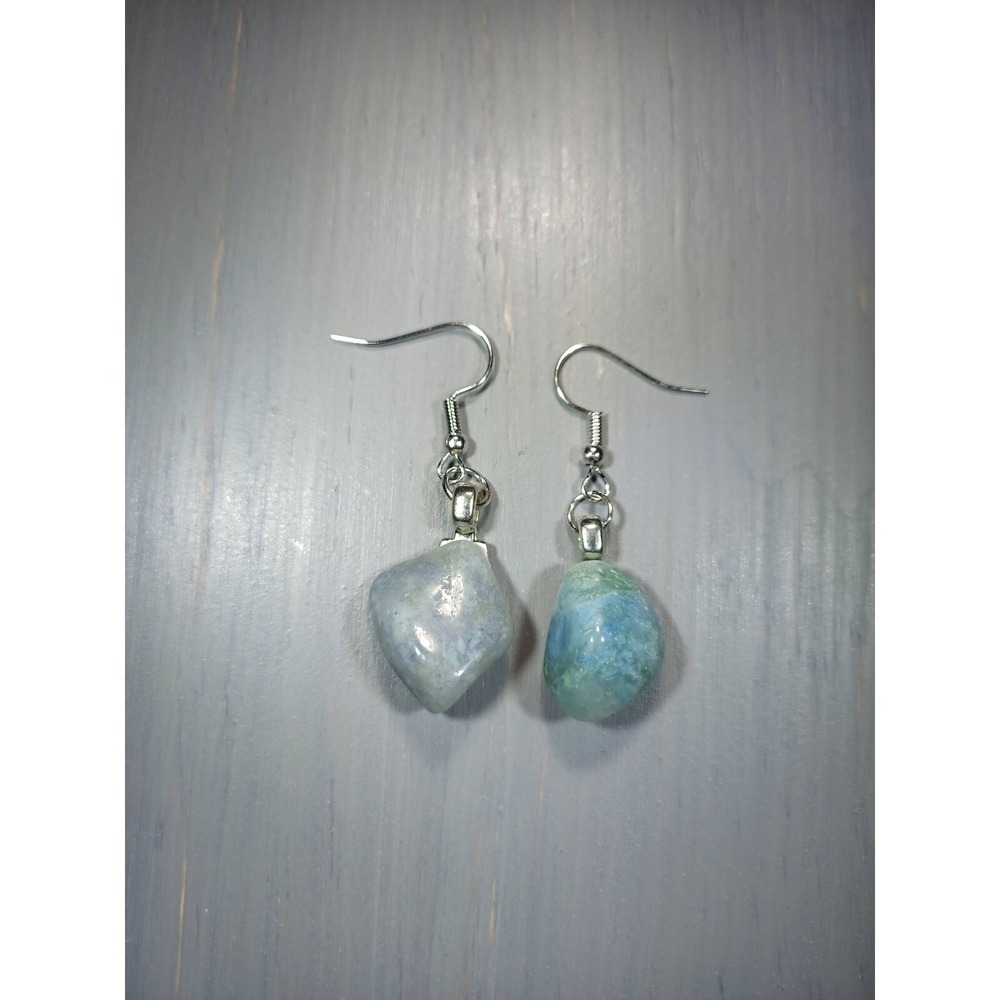 Blue Chalcedony Natural Stone Drop Earrings Nickel Free Silver Tone Boho Jewelry - Picture 2 of 5